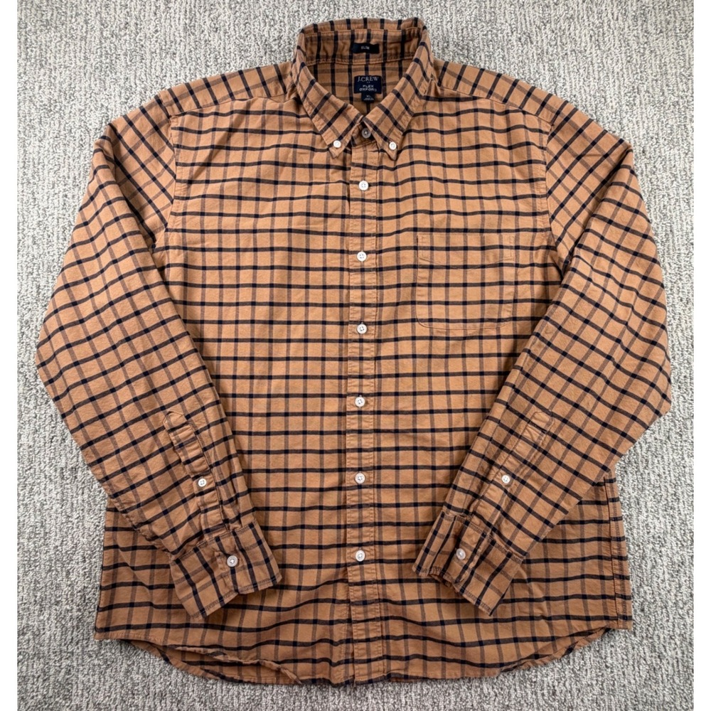 J.Crew Flex Oxford Shirt Mens XL Brown Check Slim Fit Button Down Long Sleeve